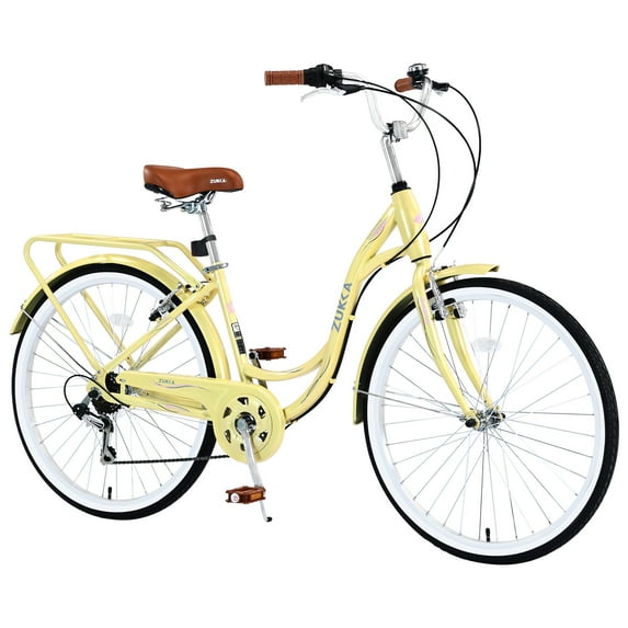24inch Womens Bike with Backseat/ V Brakes, 7 Speed Bicycle for Ladies Teen, Commuter Bike, Cruiser Bike, Suit for Rider 4'8"-5'6", Yellow