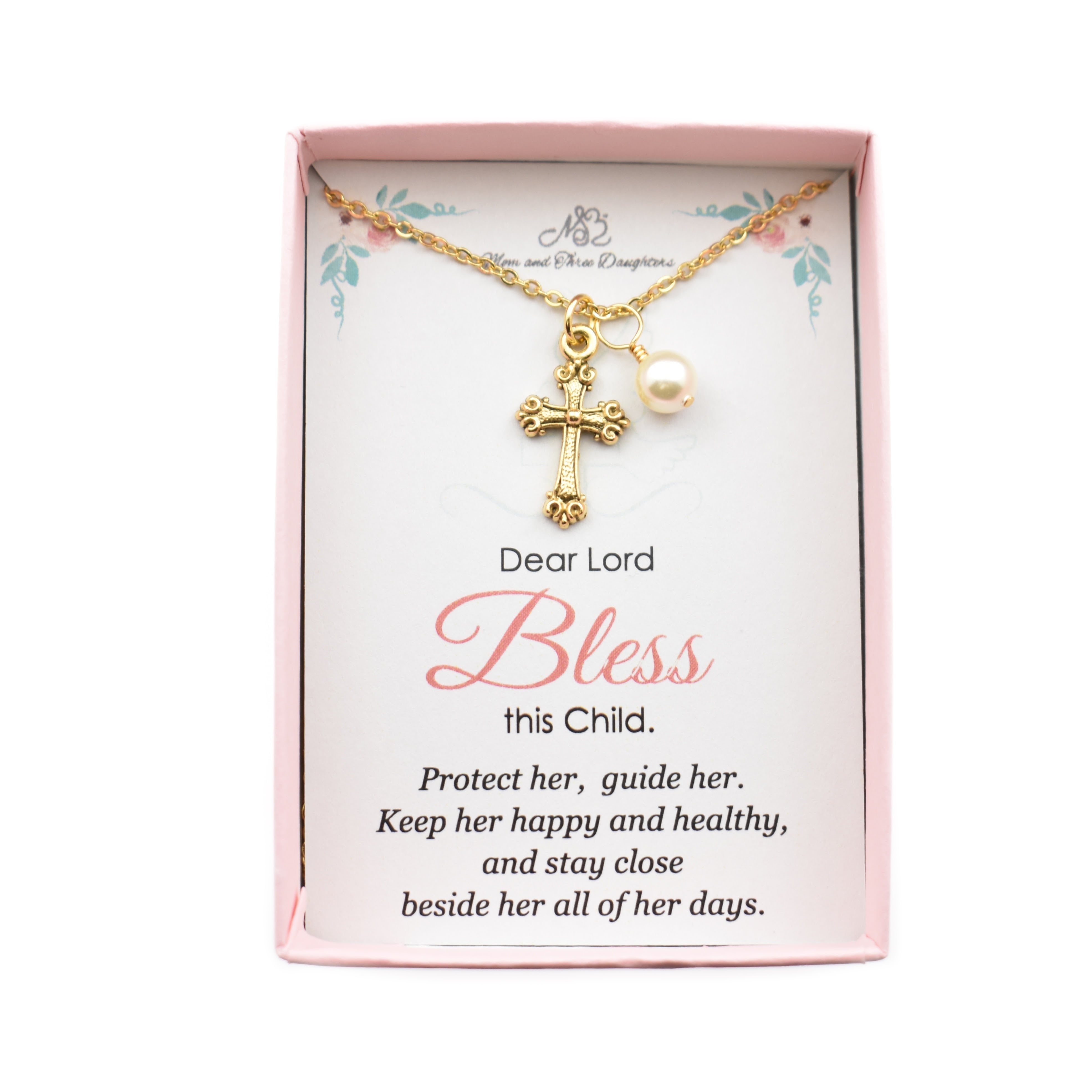 MOM AND THREE DAUGHTERS Antique Gold Pewter Cross Necklace