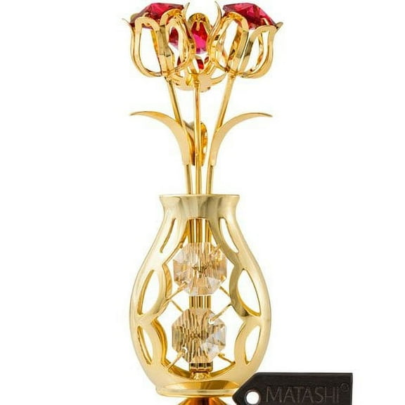 24k Gold Plated Flowers Bouquet and Vase w/ Red And Clear Matashi Crystals | 24k Gold-Plated Table Top Decorations | Metal Floral Arrangement | Elegant Home or Office Décor