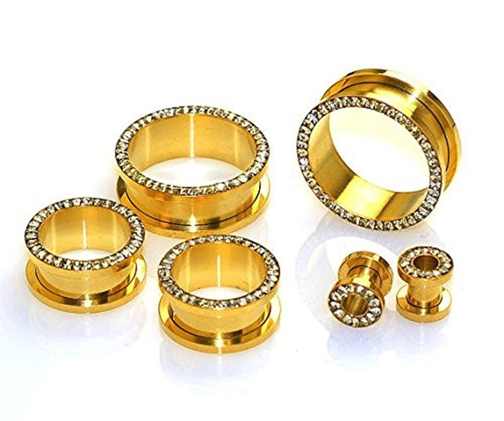 24k Gold Plated Screw-on Plugs/Gauges/Tunnels with Clear CZ 13/16'' (20MM) 2 Pieces (1 Pair) (A10)