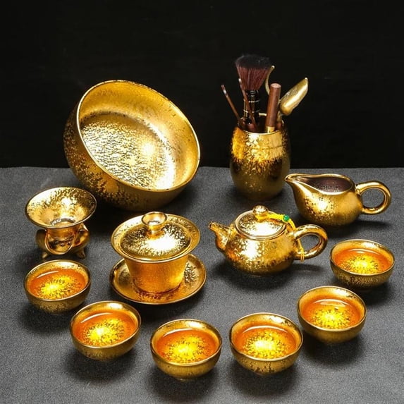 24k Gold Plated Tea Set Luxury Kung Fu Tea Set Chinese Traditional Tea Set High End Bone China Teapot