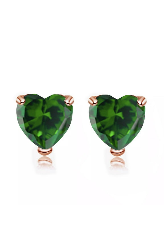 24k Rose Gold Plated Over Sterling Silver 1 Carat Heart Created Emerald Stud Earrings