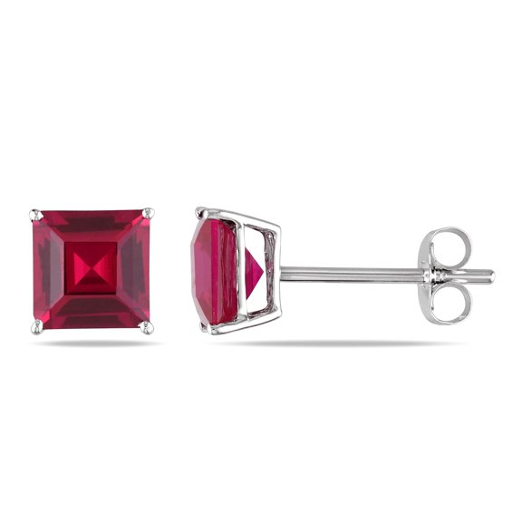 PJ Jewelry Princess Cut White Ruby Earrings, 2 ct, White Gold-Plated