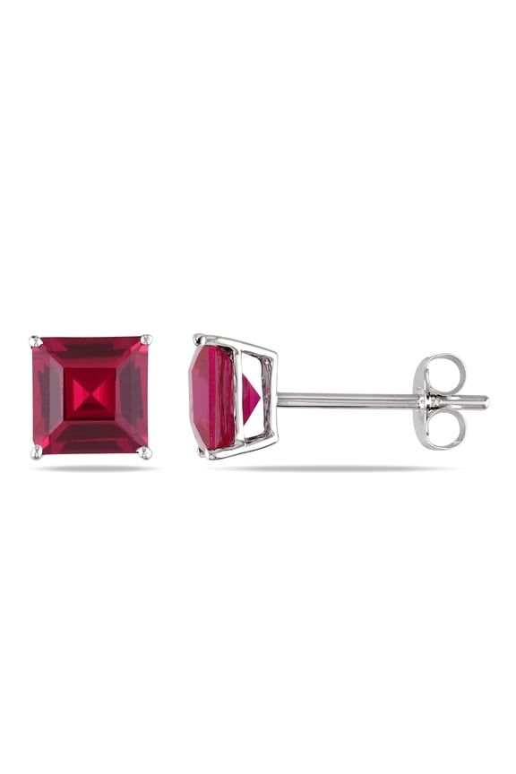 Princess Cut White Ruby Earrings, 2 ct, White Gold-Plated