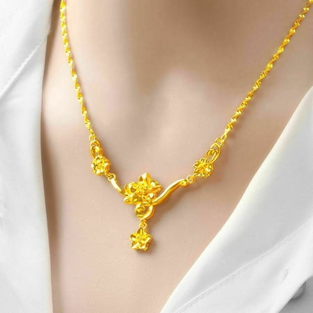 24k Yellow Gold Flower Necklace Women's Collarbone Chain 999 THAI BAHT Jewelry