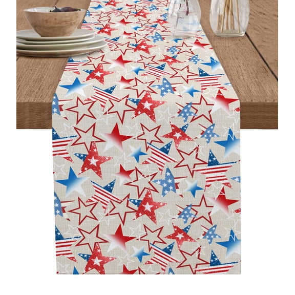 4th of July Table Runner 120 Inches, Navy Blue Red Stars Independence Day Rustic Bed Runner Dresser Scarves Tabletop for Indoor Outdoor Parties/Ceremony/Banquet, 13"x 120"