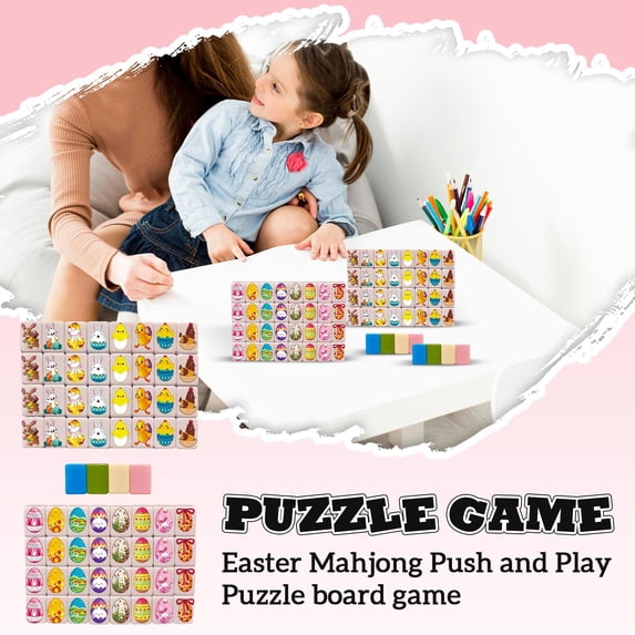 24mm Easter Players Mahjong Block Set for Family, Mahjong Tile Game with 65 Bunny Eggs Tiles, Portable Mahjongg Set