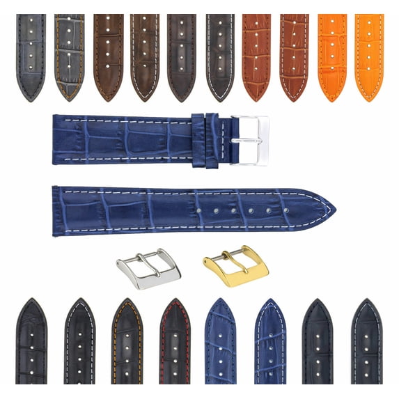 24mm GENUINE LEATHER WATCH BAND STRAP, Blue with White Stitching, Gold ...