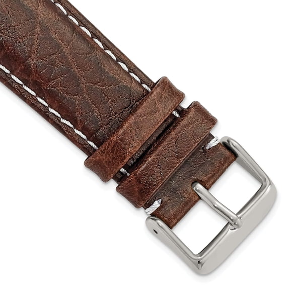 24mm Short Brn Lthr Wht Stitch Slvr-tone Buckle Watch Band