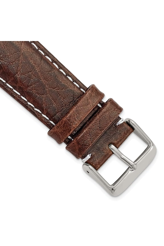 24mm Short Brn Lthr Wht Stitch Slvr-tone Buckle Watch Band