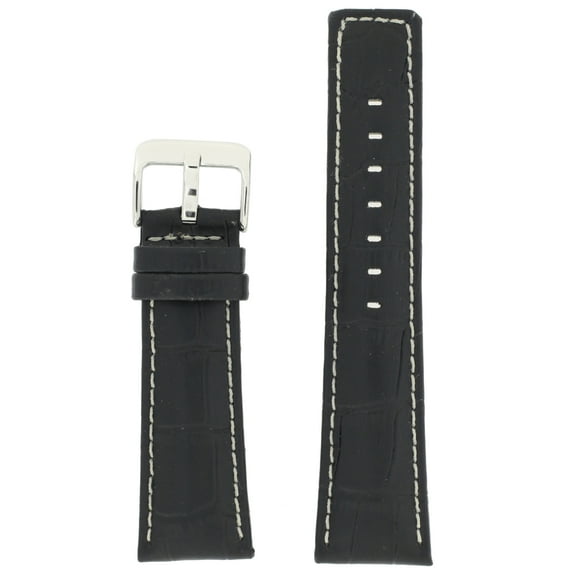 24mm Watch Band Black Leather Crocodile Grain Sport Model with White Stitching
