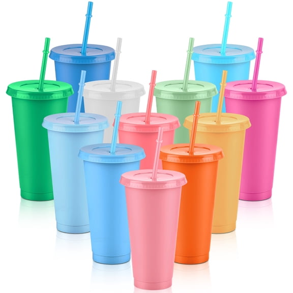 24oz 12 Pack Reusable Plastic Cups with Lids and Straws, Iced Coffee Travel Mug, Macaron Colors Coffee Cups for Adults and Women Hot and Cold Drinks, Adults Plastic Cups for Party, Birthdays