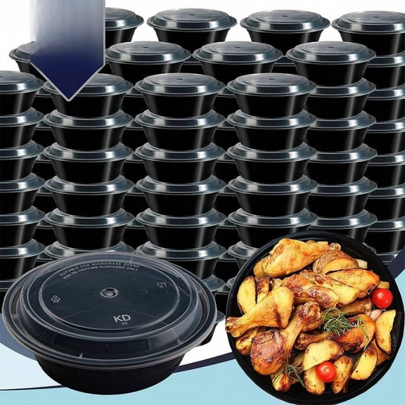 24oz 50Pack Black Round Meal Prep Containers With Lids, Food Storage Container, Disposable Plastic To Go Containers, Bento Box