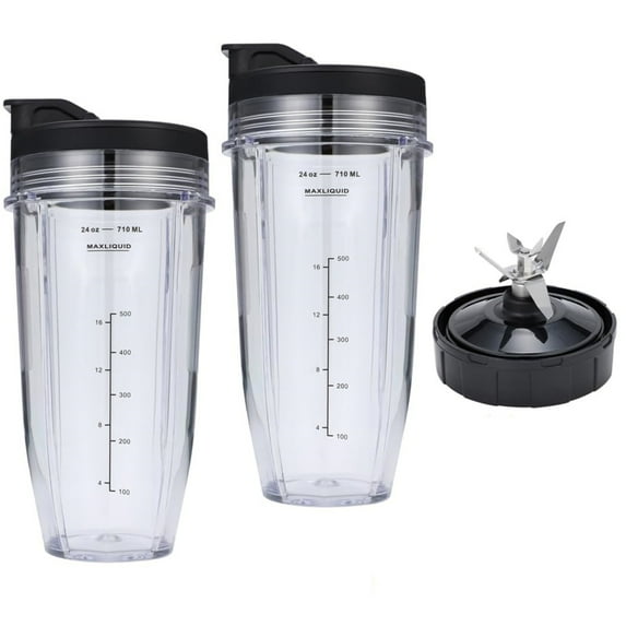 24oz Blender Cups and 7 Fins for Ninja Nutri BN401, BN400, BN801, BN800, Replacement Cups with Sip and Seal Lids