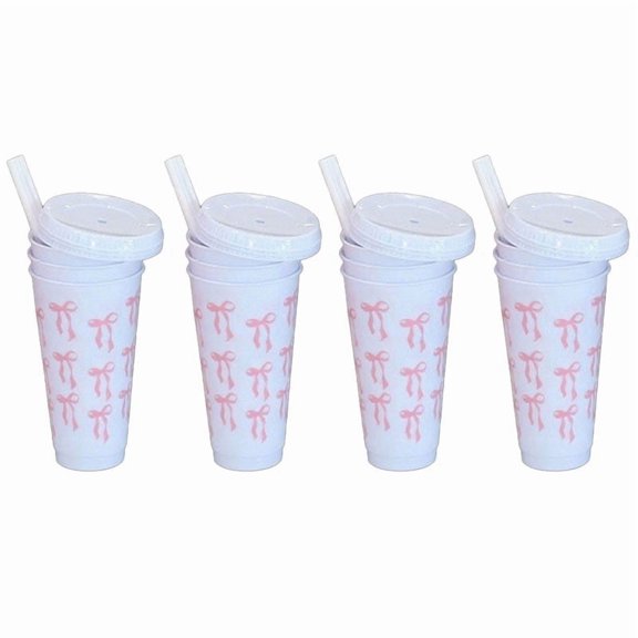 24oz Bow Pattern Tumbler  PP Plastic Cups with Lids and Straws, Car Cup Holder Compatible Travel Drinkware（Set of 12）