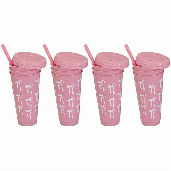 24oz Bow Pattern Tumbler  PP Plastic Cups with Lids and Straws, Car Cup Holder Compatible Travel Drinkware（Set of 12）