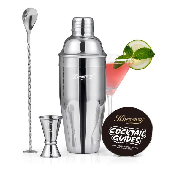 24oz Cocktail Shaker Bar Tool Set, Includes Bartender Strainer, Measuring Jigger, Mixing Spoon & Cocktail Recipe Guide, Professional Drink Mixing Kit for Starters, Silver
