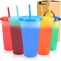 24oz Color Changing Cups with Lids and Straws, Boriyuan 5 Pcs Plastic Cups Reusable Tumbler Ice Cold Drinking Cup for Adults Kids, Summer Coffee Tumblers Party Cup