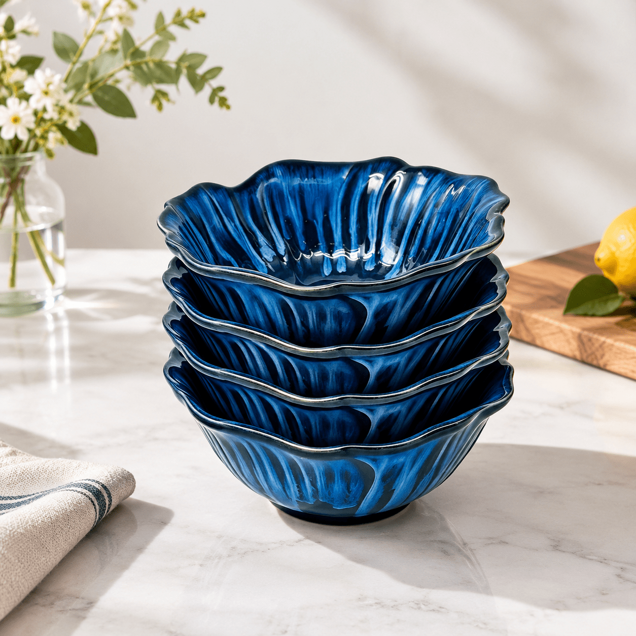 24oz Deep Porcelain Cereal Bowl Set, Nebule Blue, Hand-Painted Floral ...
