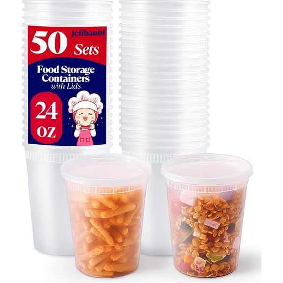 24oz Deli Containers with Lids, 50 Pack Leakproof Clear Takeout Container, Deli Food Storage Containers, BPA Free Stackable Plastic Soup Container, Microwave Dishwasher Freezer Safe