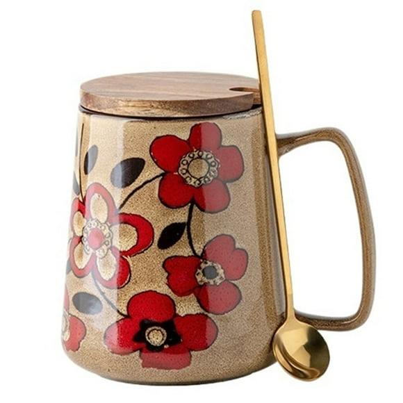 24oz Floral Art Pattern Ceramic Coffee Mug with Wooden Lid and Spoon