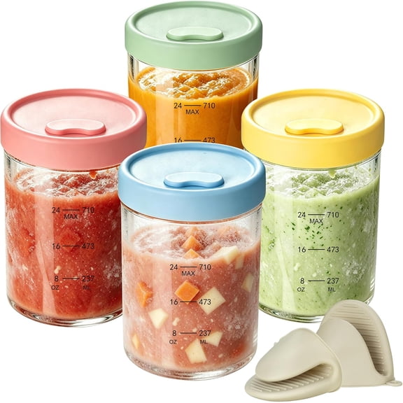 24oz Glass Soup Freezer Containers, 4Pcs Borosilicate Glass Soup Container with Vented Silicone Airtight Lid, Microwave & Freezer Safe Jars, Circular Meal Prep Storage for Stew, Sauc, Leftover