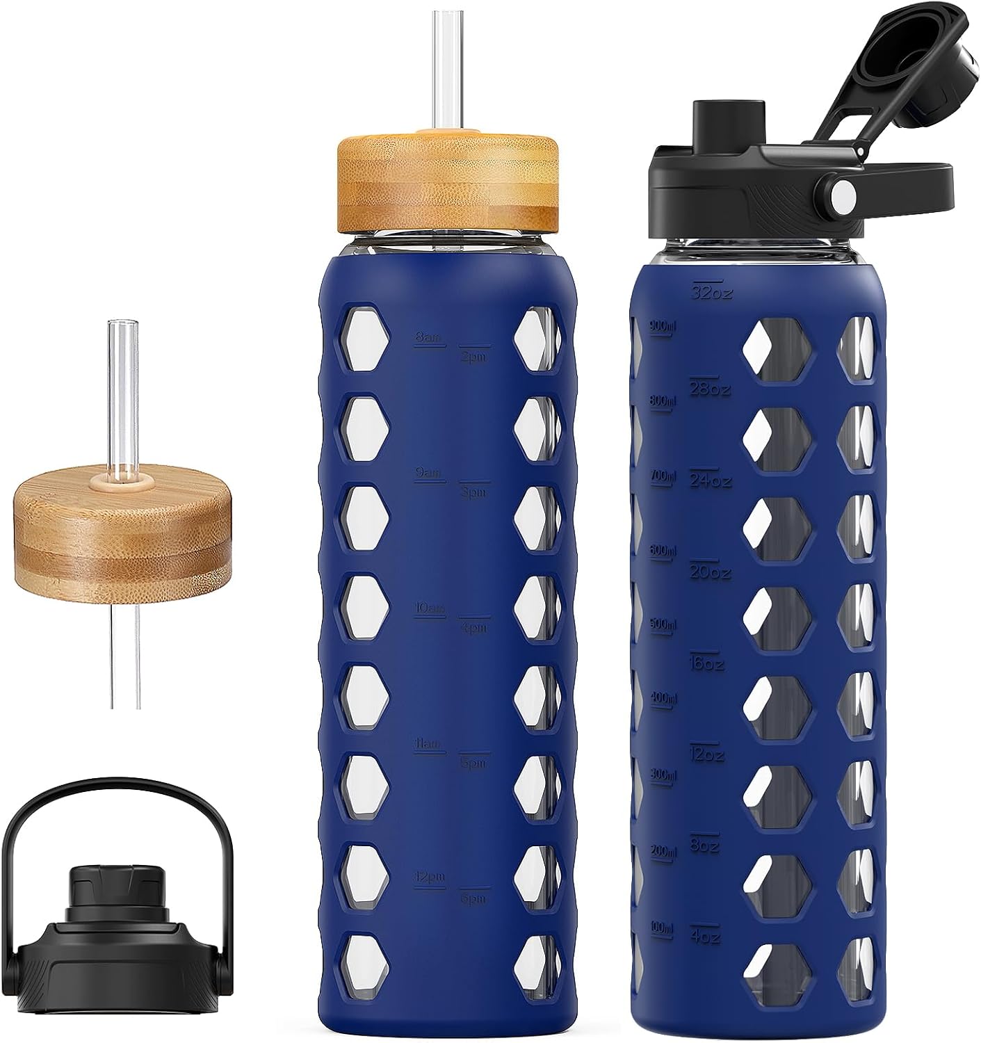 Cafezi 32oz Glass Water Bottle With 2 Lids - Bamboo Straw & Spout Cap, Time Marker, BPA Free - View #10
