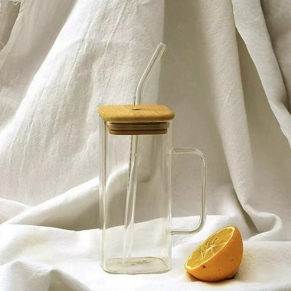 Manyangsd Square Glass Tumbler with Handle - Clear Coffee Cup with Lid & Straw, Portable Water Bottle for All Beverages