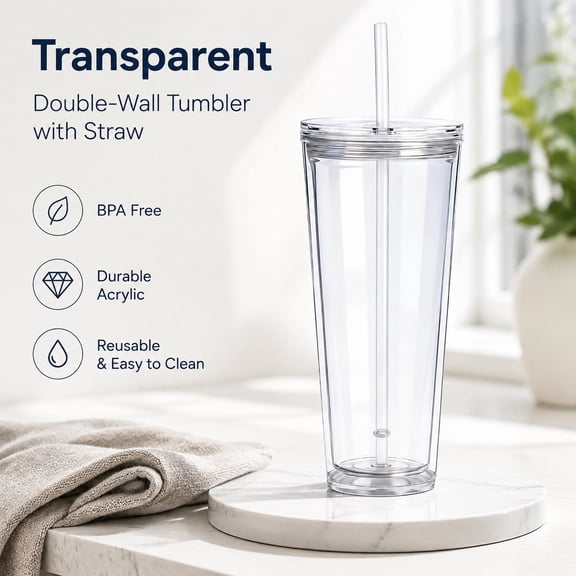 24oz Leak Proof Tumbler with Lid and Straw, Double Wall Insulated Reusable Plastic Travel Cup, Iced Coffee Cup, BPA Free, Transparent