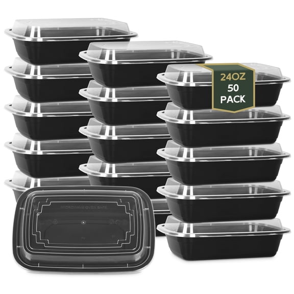 24oz Plastic Meal Prep Containers with Lids, 50Pack, Black BPAFree Reusable Food Storage, Microwave & Dishwasher Safe