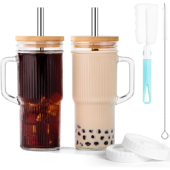 24oz Ribbed Glass Tumbler with Straw and Lid,Glass Cups with Handle,Stainless Steel Straws & Cleaning Brushes - Iced Coffee Cup for Smoothies, , and Gifts, Set of 2