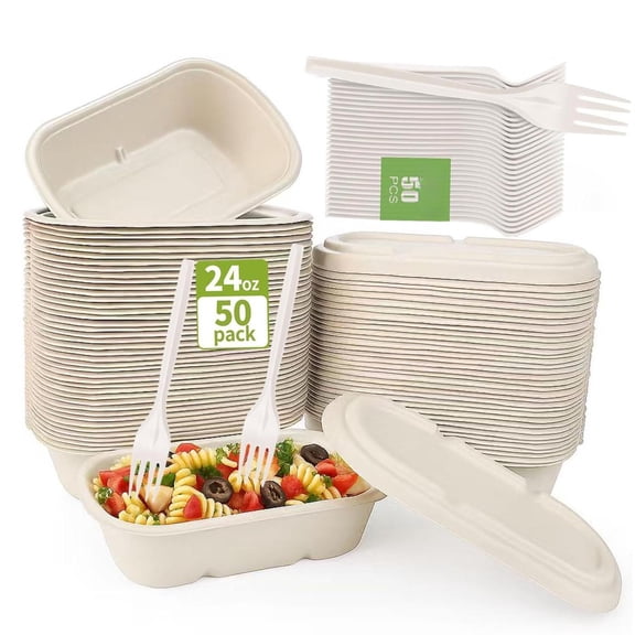 24oz Sugarcane Fiber Disposable Meal Prep Containers 50 Pack with Lids and Forks