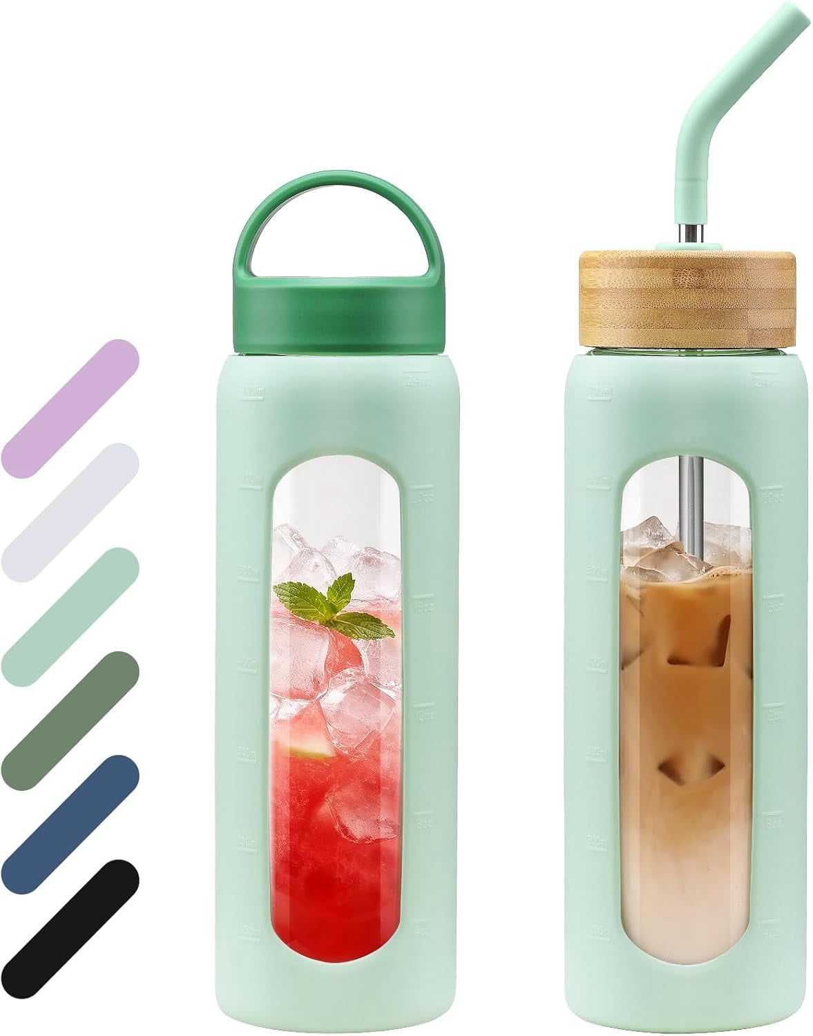 MUKOKO Glass Water Bottle, 24oz Sports Drinking Tumbler with Silicone Sleeve and Straw, 1 Cup 2 Lids, Green