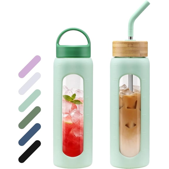 MUKOKO Glass Water Bottle, 24oz Sports Drinking Tumbler with Silicone Sleeve and Straw, 1 Cup 2 Lids, Green