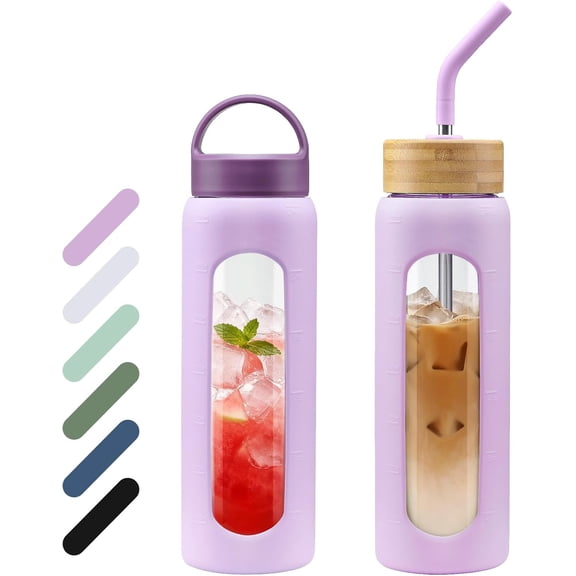 MUKOKO Glass Water Bottle, 24oz Sports Drinking Tumbler with Silicone Sleeve and Straw, 1 Cup 2 Lids, Purple