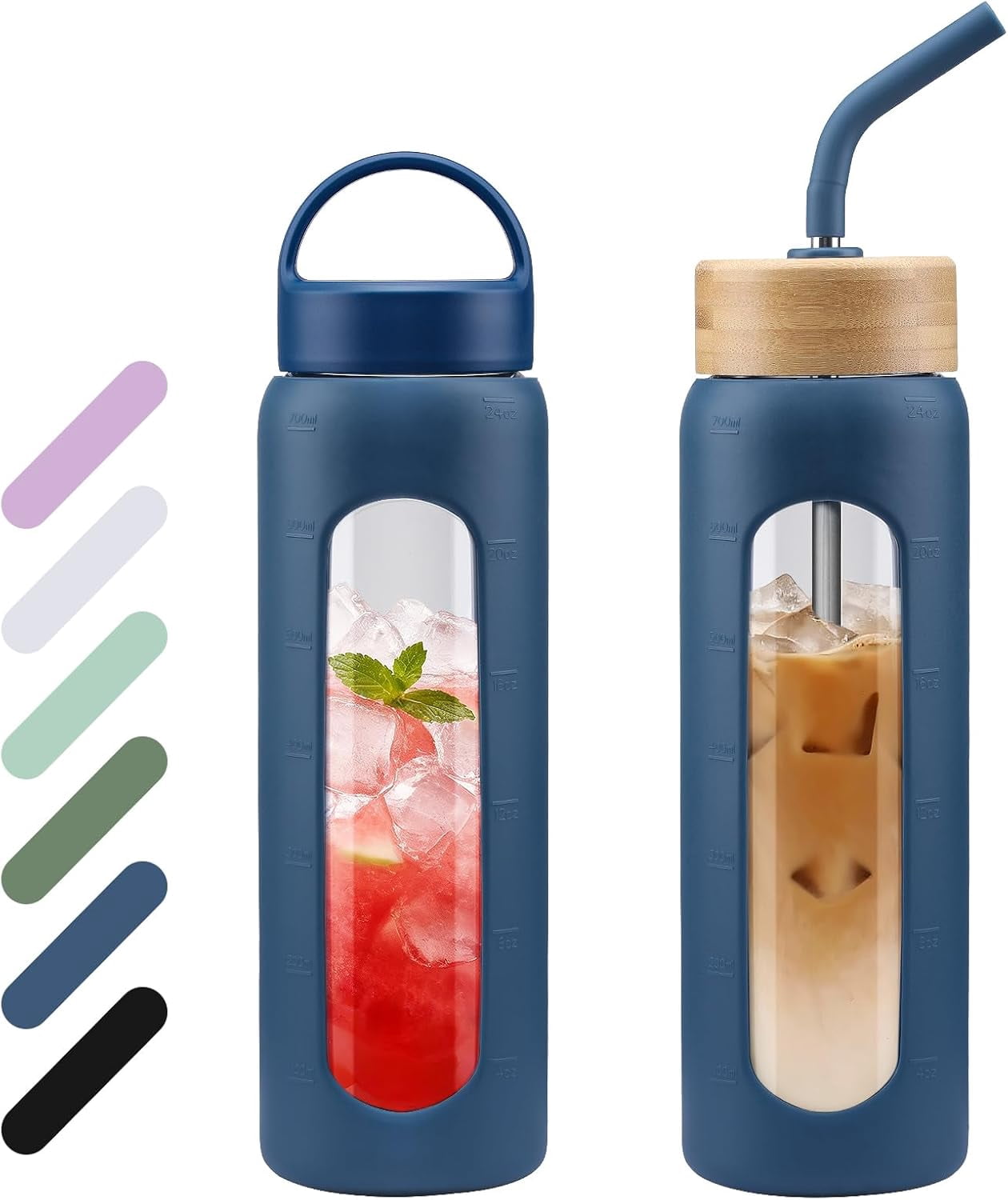 MUKOKO Glass Water Bottle, 24oz Sports Drinking Tumbler with Silicone Sleeve and Straw, 1 Cup 2 Lids, Blue