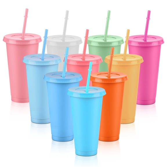 24oz Tumbler with Straw and Lid, 10PCS Reusable Plastic Cups, Iced Coffee Travel Mug Cup for Adults and Women Hot and Cold Drinks, Perfect for Parties, Birthdays