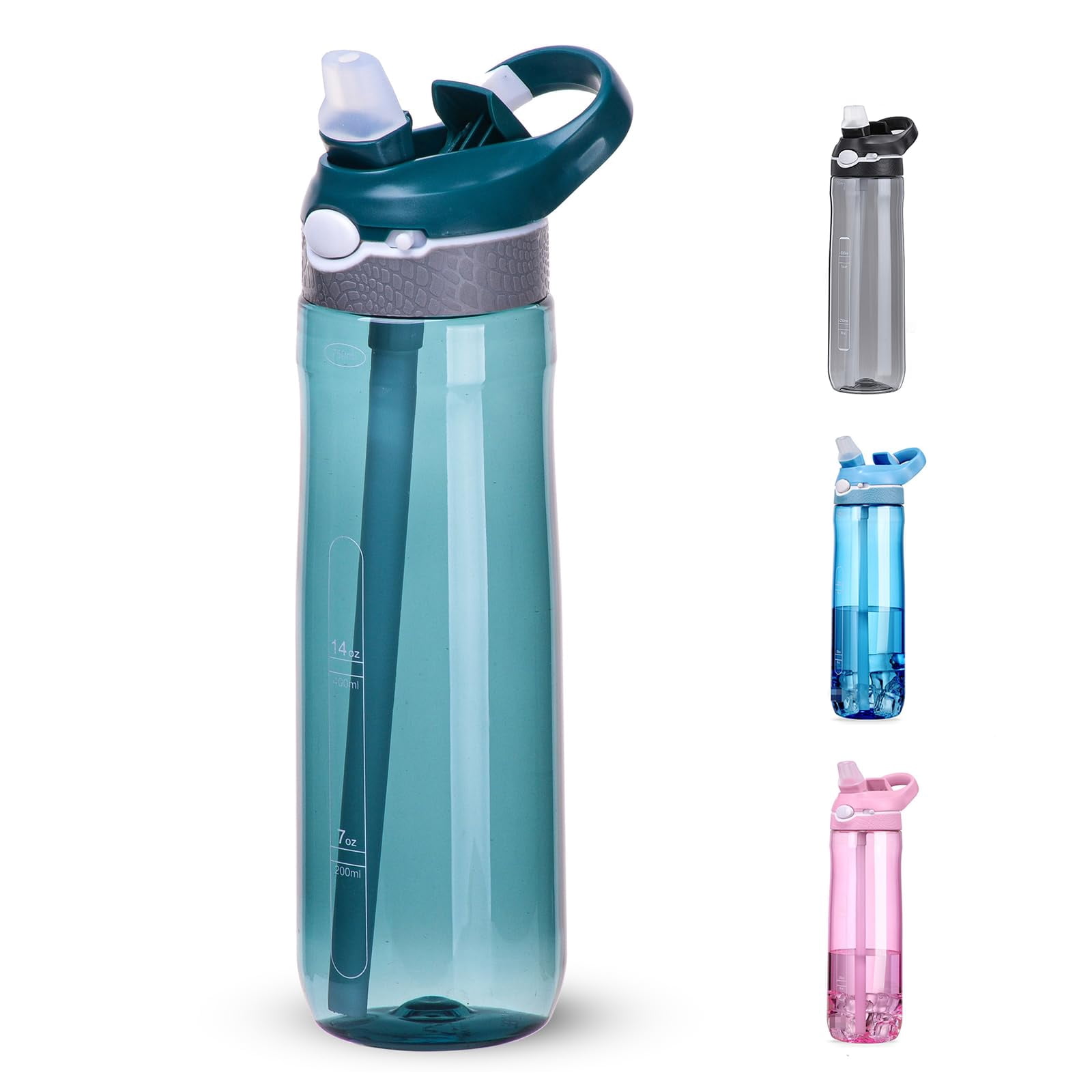 24oz Water Bottles With Straw, Leakproof BPA FREE Hidden Nozzle, Flip Up Lid Has Handle Wide Bottle Easy Clear, Suit Office Sports Travel Gym Yoga, Dark Cyan