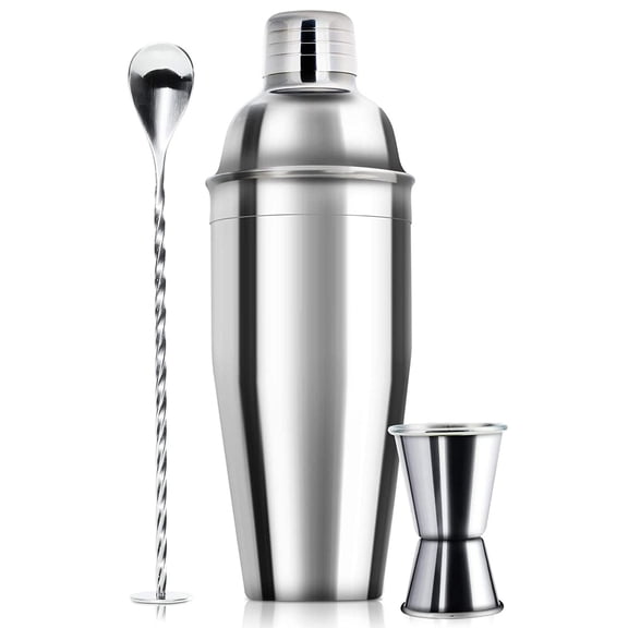 24oz professional cocktail shaker set, stainless steel margarita mixer with jigger, mixing spoon, built-in strainer, perfect for bartenders, silver