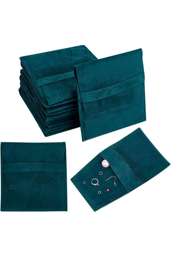 24pc 24 Pcs Dark Green Microfiber Jewelry Pouch Pocket Cosmetic Bag Velvet Jewelry Flap Pouches Folding Envelope Bag for Earrings Bracelets Necklaces Packaging 3.78x3.54x0.1 Inch