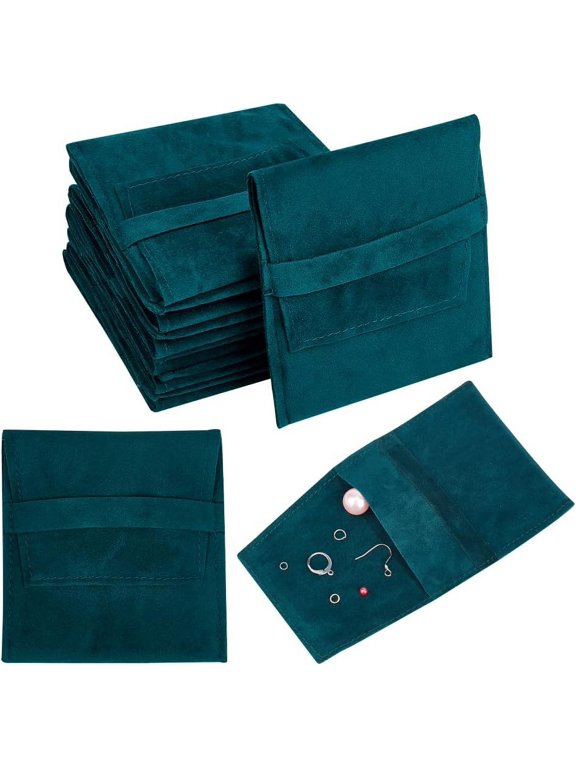 24pc 24 Pcs Dark Green Microfiber Jewelry Pouch Pocket Cosmetic Bag Velvet Jewelry Flap Pouches Folding Envelope Bag for Earrings Bracelets Necklaces Packaging 3.78x3.54x0.1 Inch