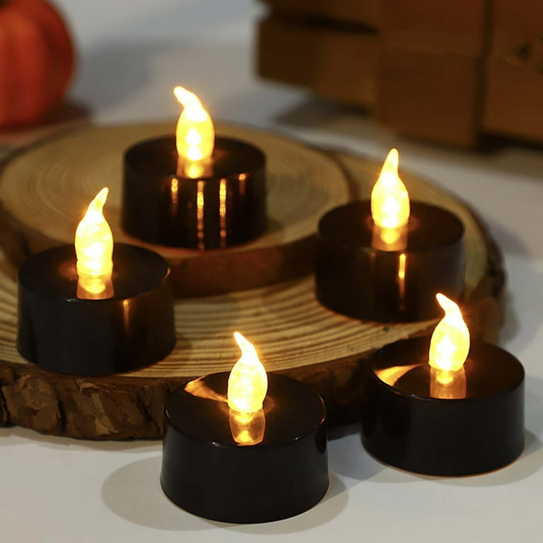 24pc Black Tea Lights Candles Black Flameless Tealight Candles Halloween Flameless Flickering Fake Electric LED Colored Tealights Candles for