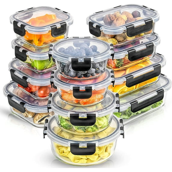 24pc Borosilicate Glass Storage Containers with Lids | 12 Airtight/Freezer Safe Food Storage Containers for Pantry and Kitchen | Meal Prep Container for Lunch | Glass Tupperware Set