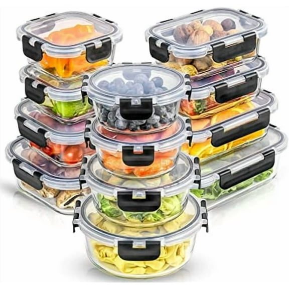 24pc Borosilicate Glass Storage Containers with Lids | 12 Airtight/Freezer Safe Food Storage Containers for Pantry and Kitchen | Meal Prep Container for Lunch | Glass Tupperware Set