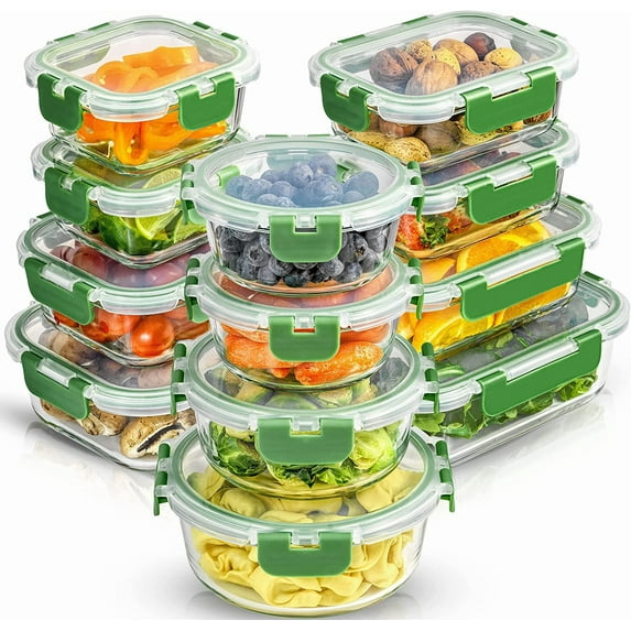 24pc Borosilicate Glass Storage Containers with Lids. 12 Airtight, Freezer Safe Food Storage Containers, Pantry Kitchen Storage Containers, Glass Meal Prep Container for Lunch