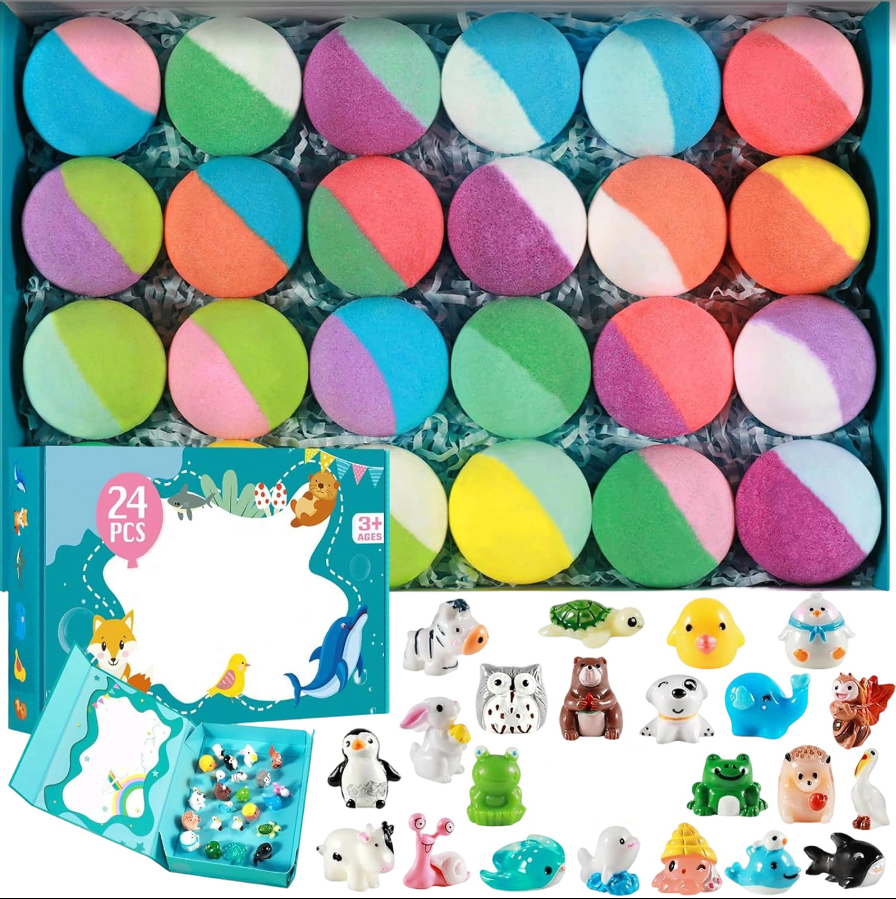 24pc Easter Surprise Bath Ball, Fizzy Bubble Bath Balls with Hidden Toys Inside, Natural Scented Fun for Boys Girls, Easter Basket/Stuffers Party Favors, Holiday Gifts , A