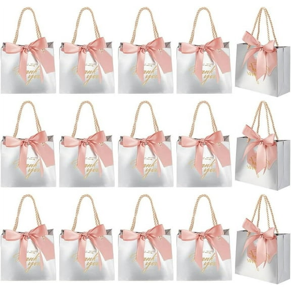 24pc Folding Paper Gift Bags with Handle Rectangle with Word Thank You Silver 6x14x12cm