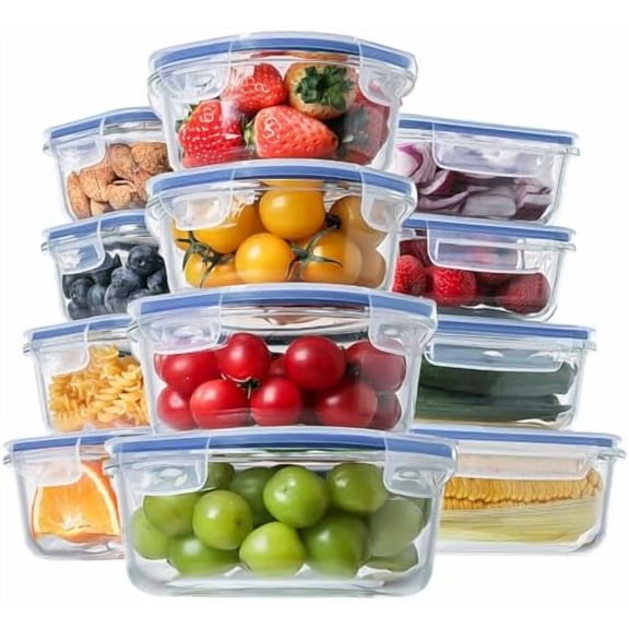 24pc Glass Food Storage Containers with Lids, Glass Meal Prep Containers, Airtight Glass Bento Boxes, BPA Free & Leak Proof, Pantry Kitchen Storage(12 lids & 12 Containers) - Deep Blue