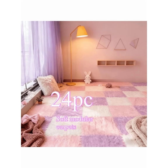 24pc Inspired Interlocking Carpet Pads, Easy To Clean, Square Pattern, Non-Slip EVA Backing, Protective Floor Tiles, Exercise Mat, For Bedroom, Living Room, Game Room, Rental Transformation