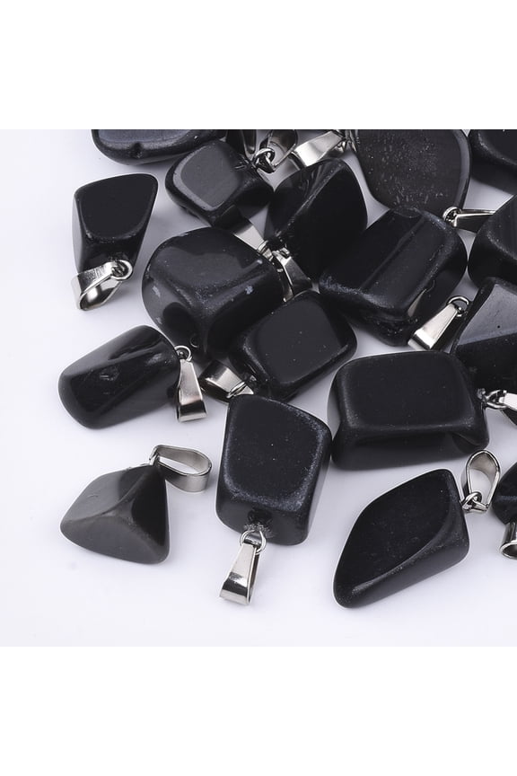 24pc Natural Black Stone Pendants with Stainless Steel Snap On Bails Nuggets 15~35x10~20x5~15mm Hole: 3x7.5mm